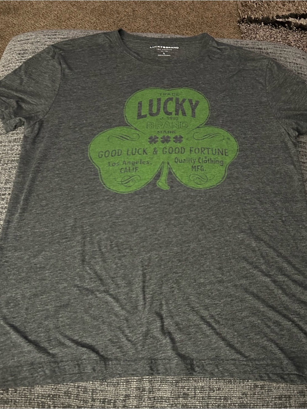 Lucky Brand Gray T-Shirt with Green Shamrock Graphic